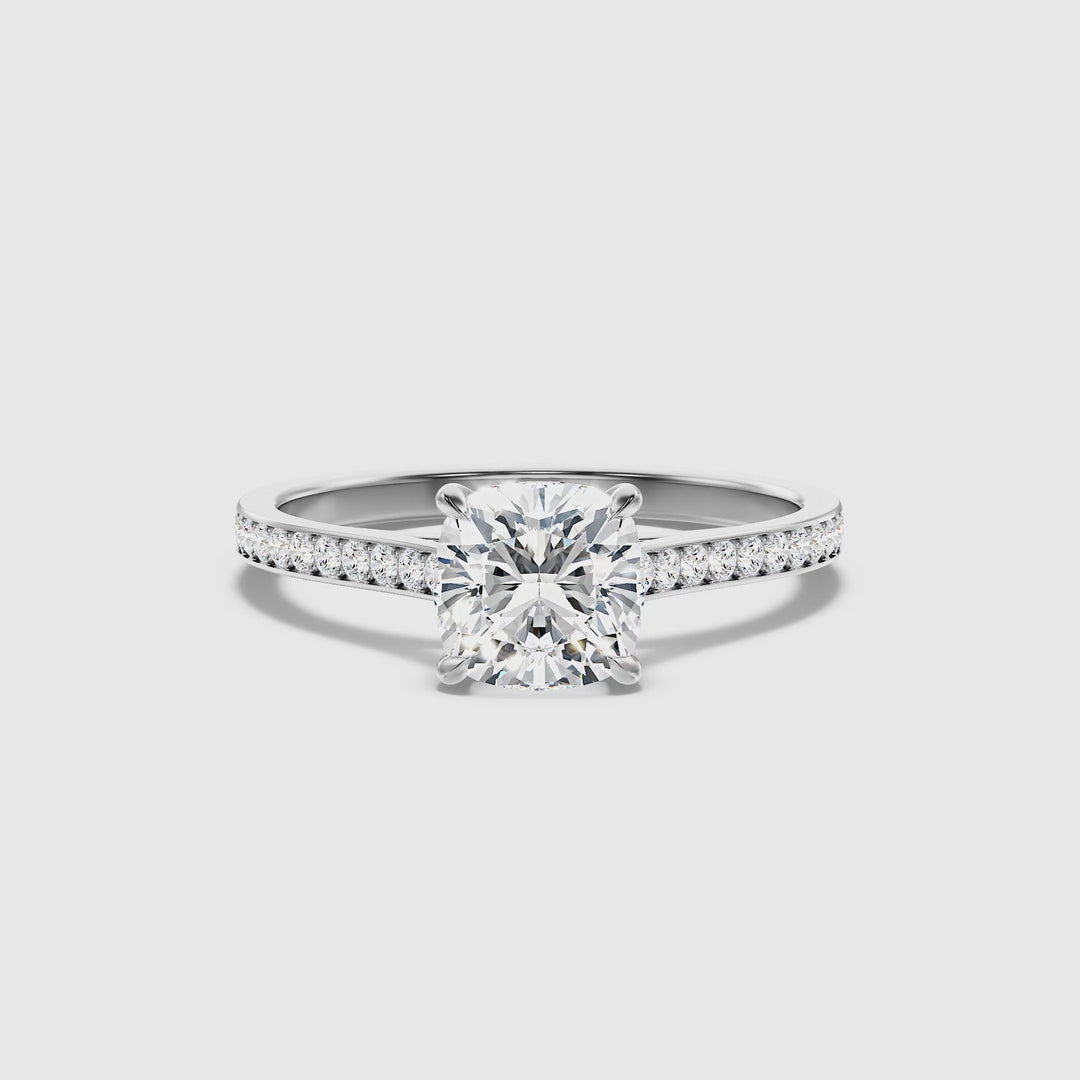 Eva 3 Carat Cushion Cut Side Stone Pave Lab Grown Engagement Ring in 10k White Gold