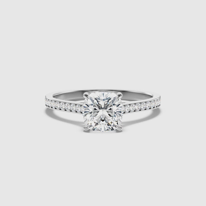 Eva 3 Carat Cushion Cut Side Stone Pave Lab Grown Engagement Ring in 10k White Gold