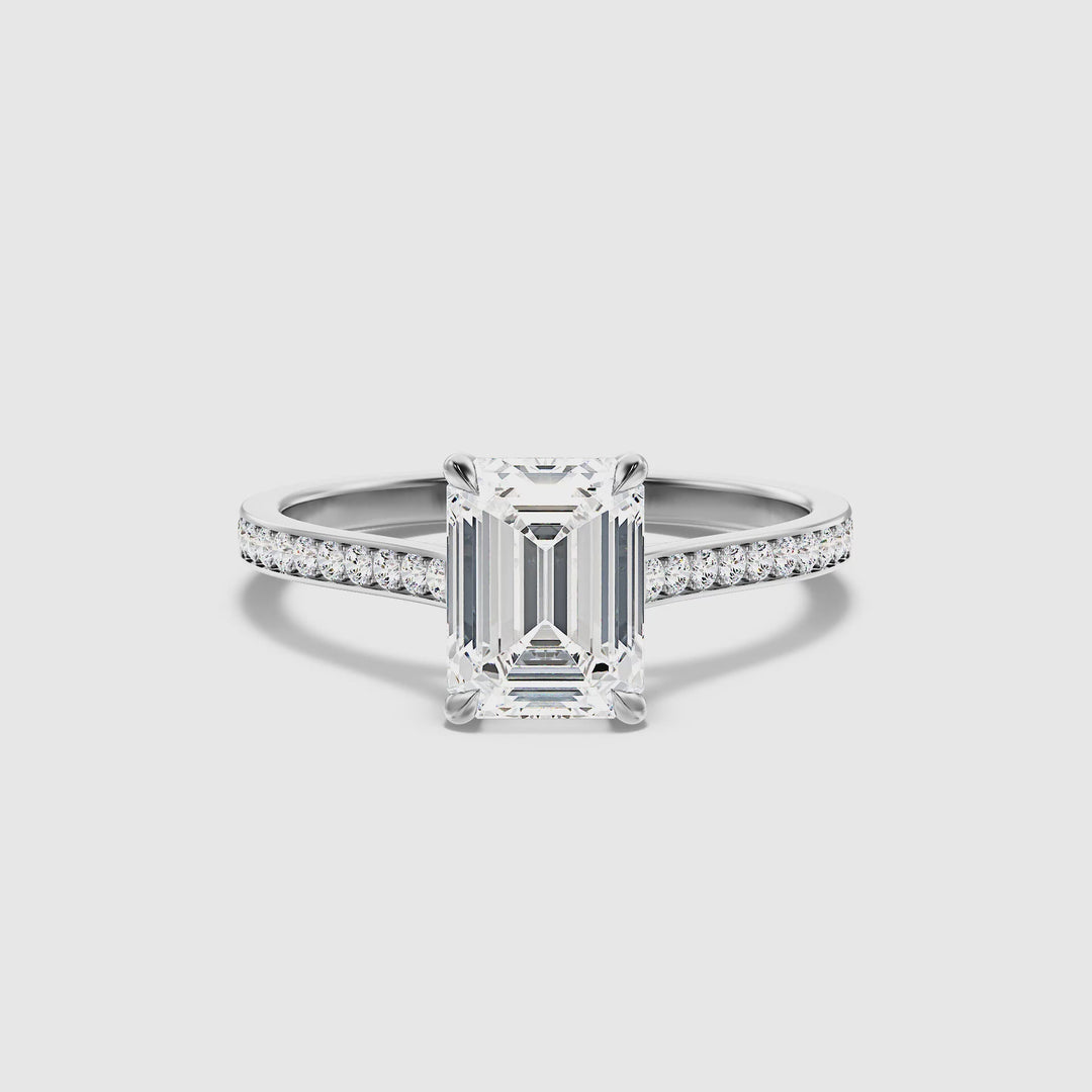 Chase 4 Carat Emerald Cut Side Stone Pave Moissanite Engagement Ring in 10k White Gold