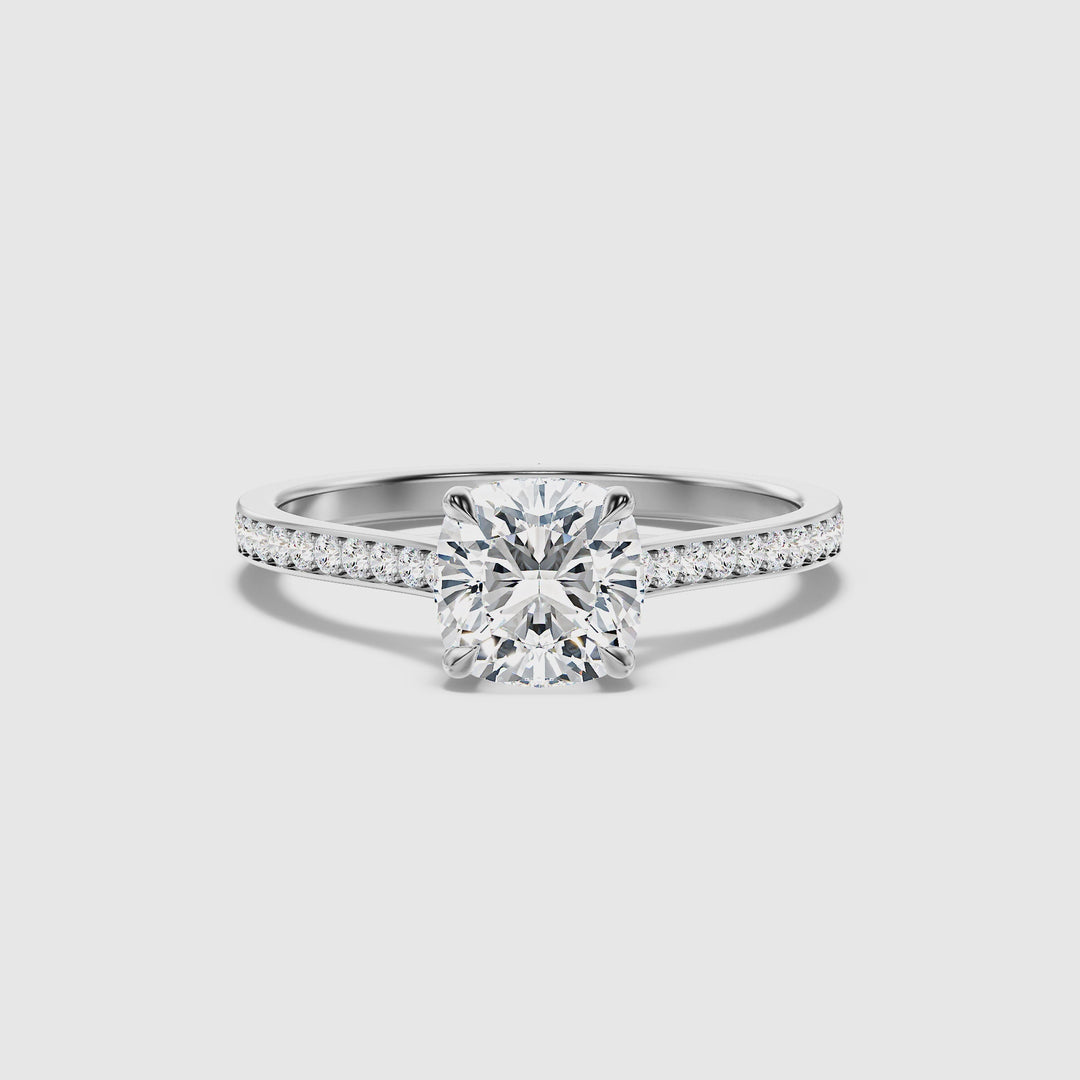 Nina 3.5 Carat Cushion Cut Side Stone Pave Moissanite Diamond Ring in 18k White Gold