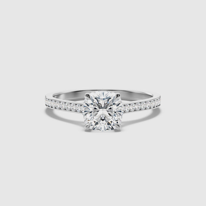 Nina 3 Carat Cushion Cut Side Stone Pave Moissanite Diamond Ring in 14k White Gold