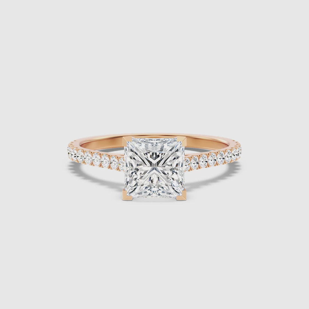 Iva 2 Carat Princess Cut Side Stone Pave Lab Grown Diamond Ring in 18k Rose Gold