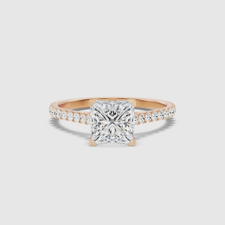 Iva 2 Carat Princess Cut Side Stone Pave Lab Grown Diamond Ring in 18k Rose Gold