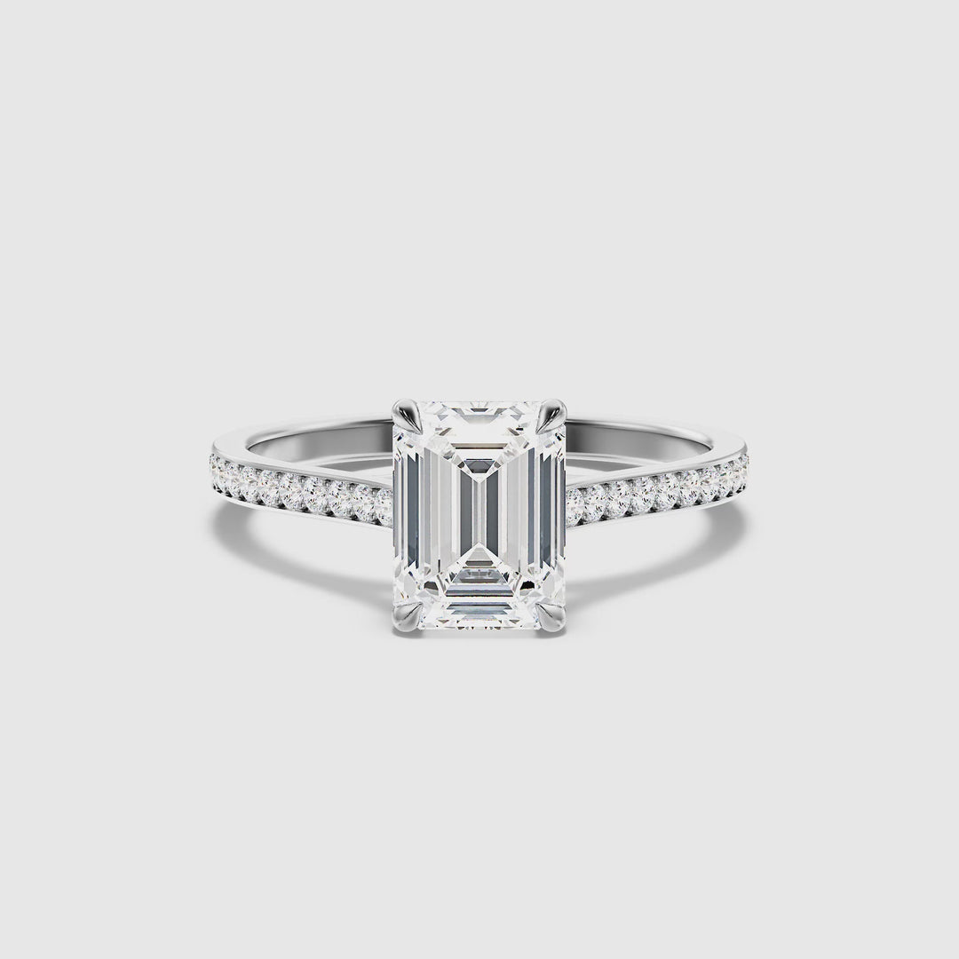 Faye 5 Carat Emerald Cut Side Stone Pave Lab Grown Engagement Ring in 10k White Gold