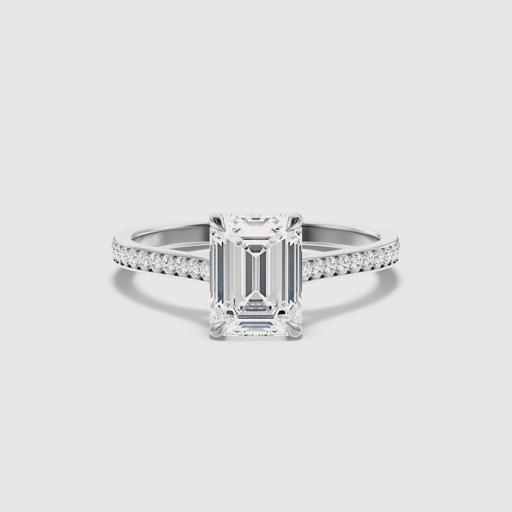 Faye 5 Carat Emerald Cut Side Stone Pave Lab Grown Engagement Ring in 10k White Gold