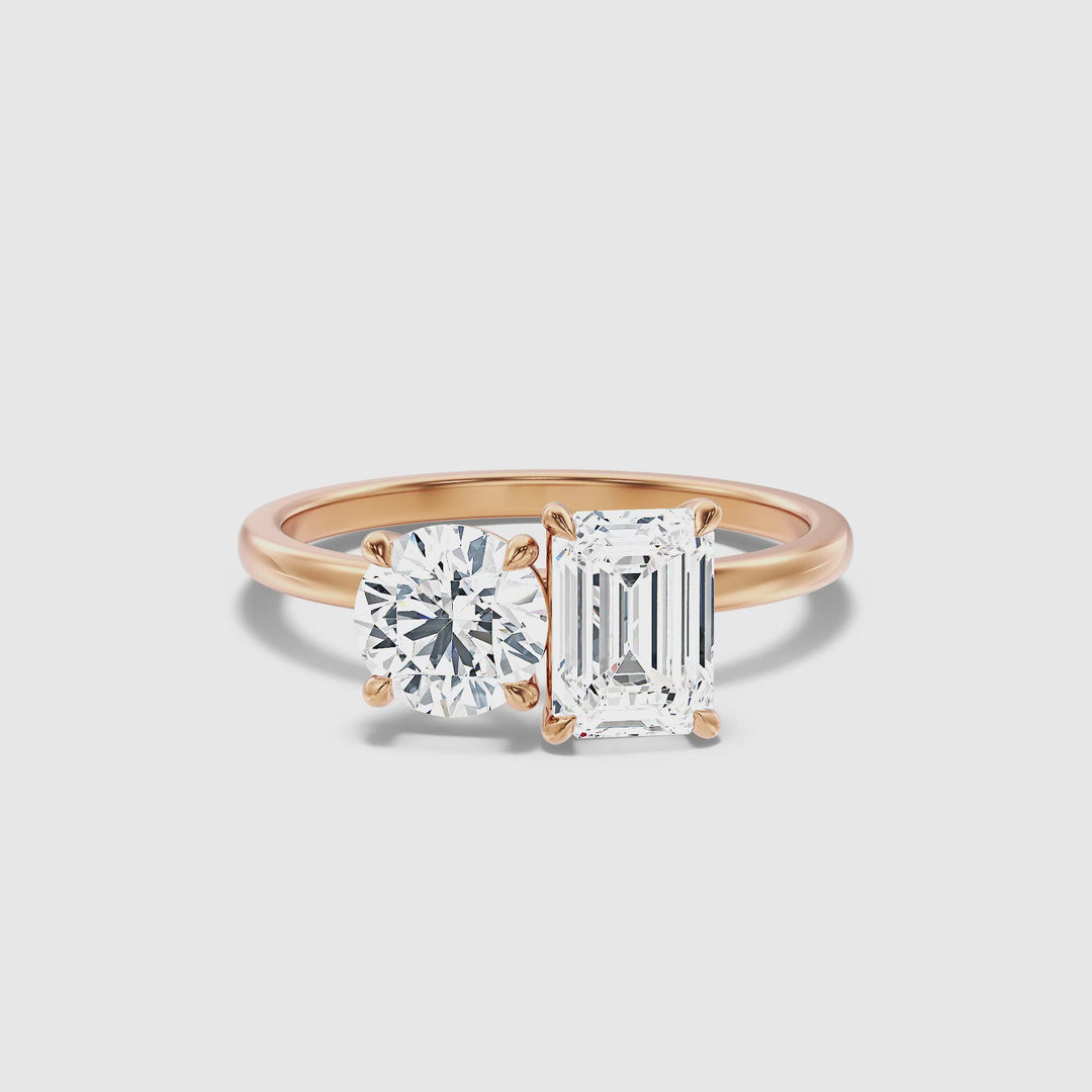 Mary Toi Et Moi Engagement Ring in 10k Rose Gold With Round and Emerald Two Stone Lab Grown Diamond (1 Ct. Tw.)