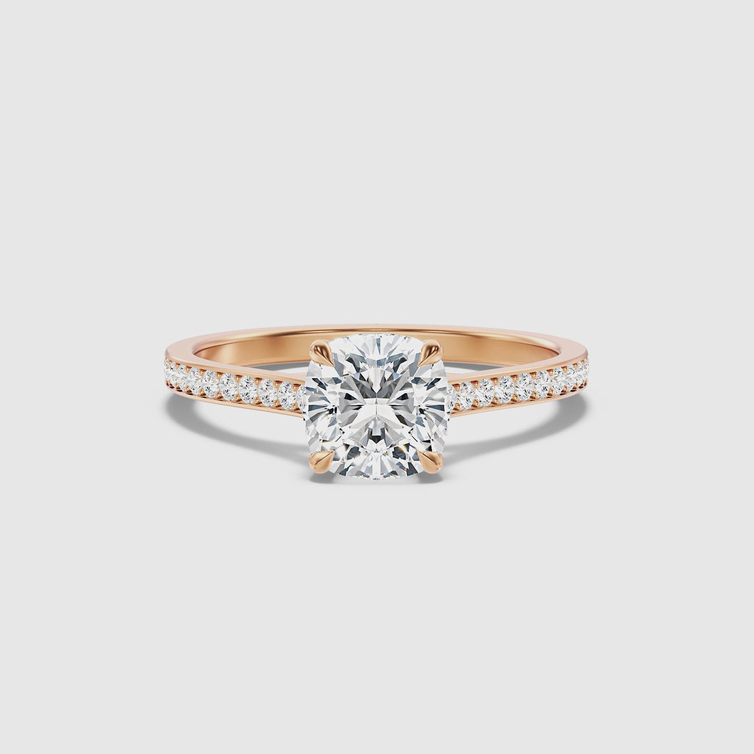 Nina 2.5 Carat Cushion Cut Side Stone Pave Moissanite Diamond Ring in 18k Rose Gold