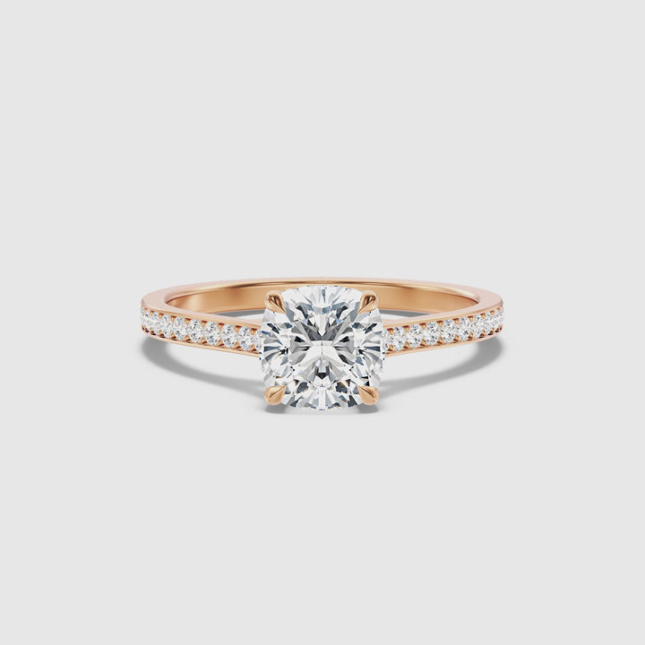 Nina 4.5 Carat Cushion Cut Side Stone Pave Moissanite Diamond Ring in 10k Rose Gold