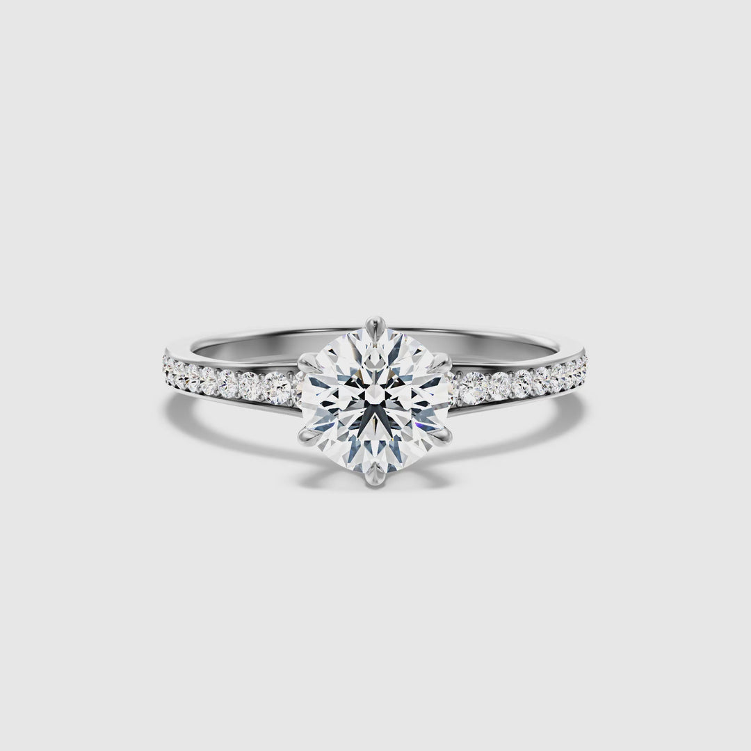 Carol 2 Carat Round Side Stone Pave Moissanite Engagement Ring in Platinum