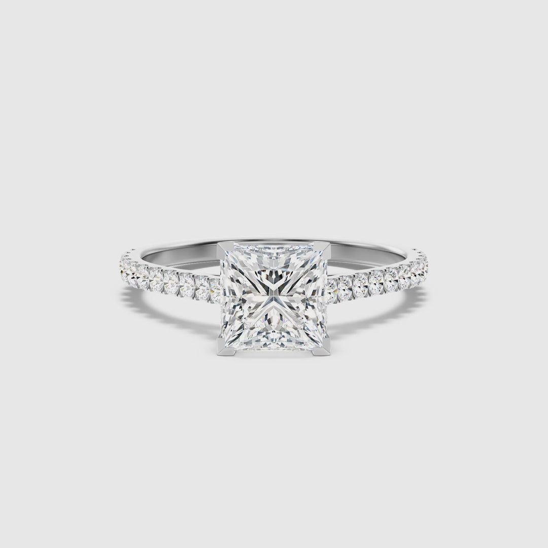 Iva 4 Carat Princess Cut Side Stone Pave Lab Grown Diamond Ring in 14k White Gold