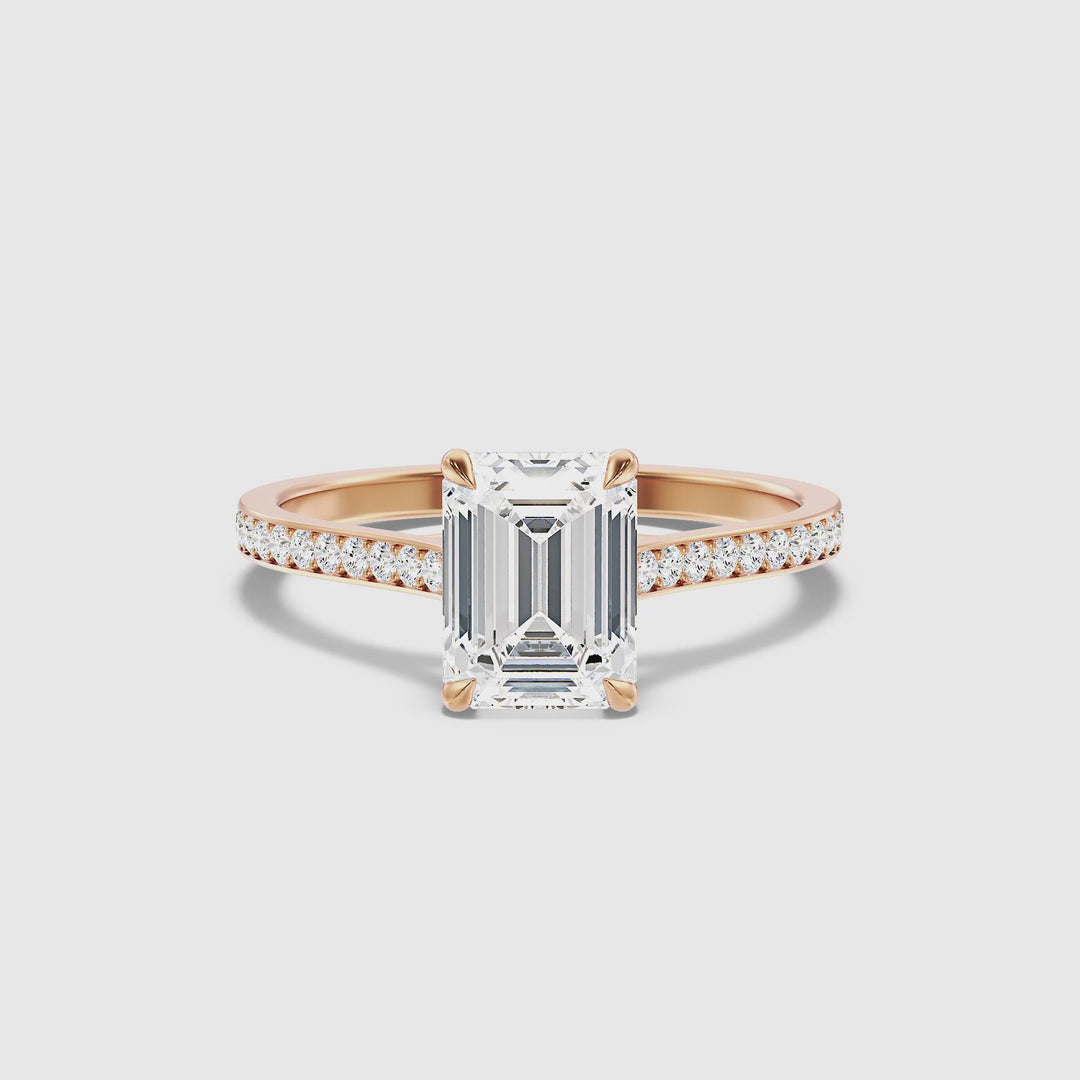 Faye 1.5 Carat Emerald Cut Side Stone Pave Lab Grown Engagement Ring in 14k Rose Gold